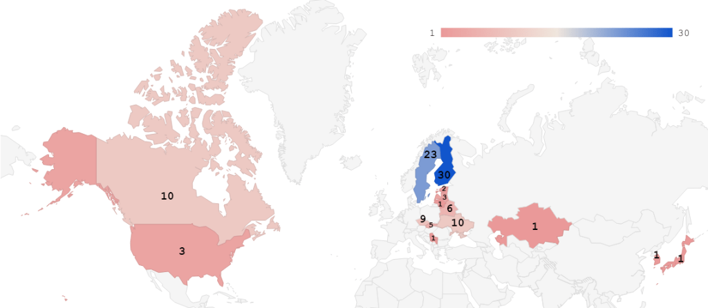 Finland	30
Sweden	23
Canada	10
Ukraine	10
Czechia	9
Belarus	6
Slovakia 	5
Latvia	3
USA	3
Estonia	2
Japan	1
Kazakhstan	1
Lithuania	1
Serbia	1
South Korea	1